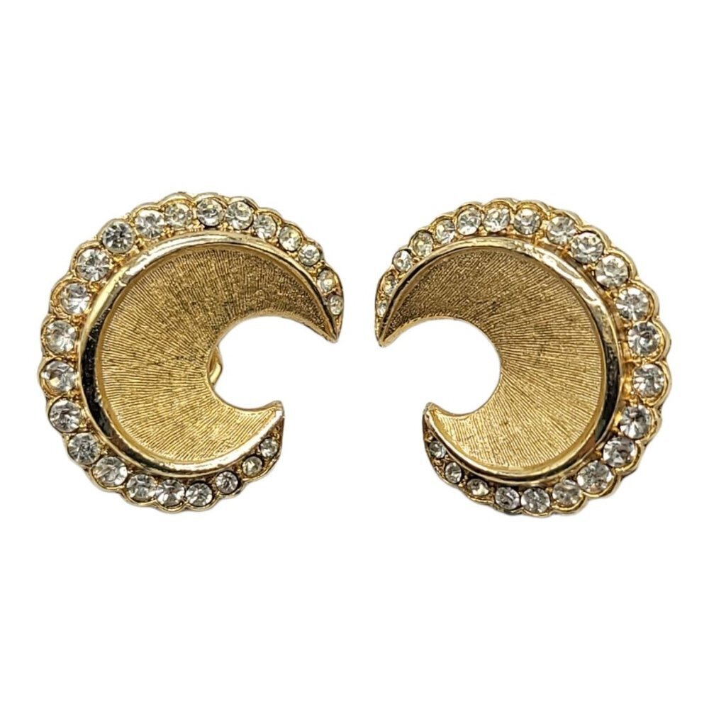 TRIFARI Clear Rhinestone Moon Crescent Shape Brushed Gold Tone Earrings